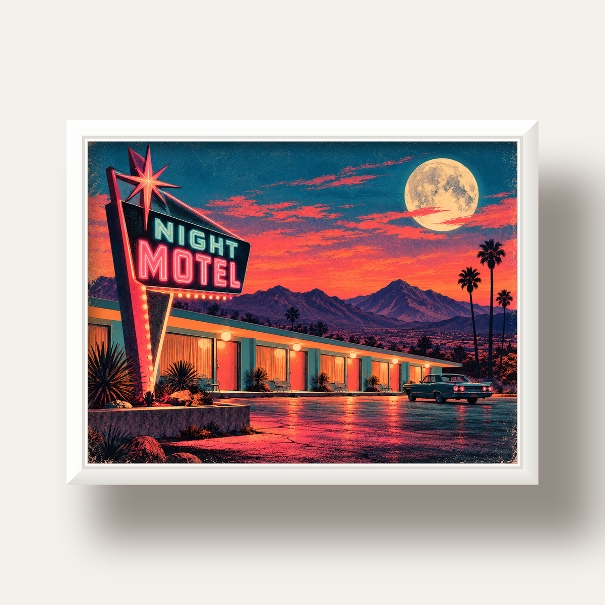 Night Motel Retro Neon Tabela Afişi — beyaz derin çerçeveli