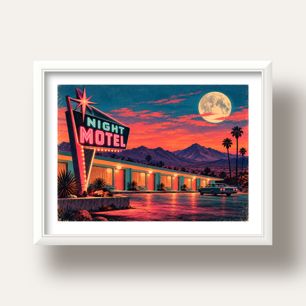 Night Motel Retro Neon Tabela Afişi — beyaz derin çerçeveli paspartulu