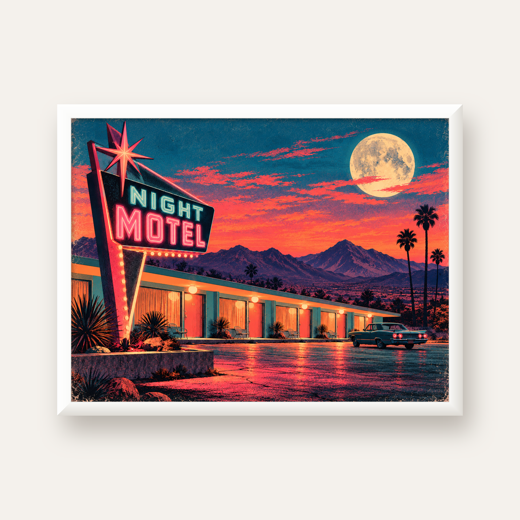 Night Motel Retro Neon Tabela Afişi — beyaz çerçeveli yatay poster