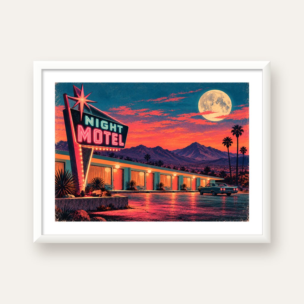 Night Motel Retro Neon Tabela Afişi — beyaz çerçeveli yatay poster