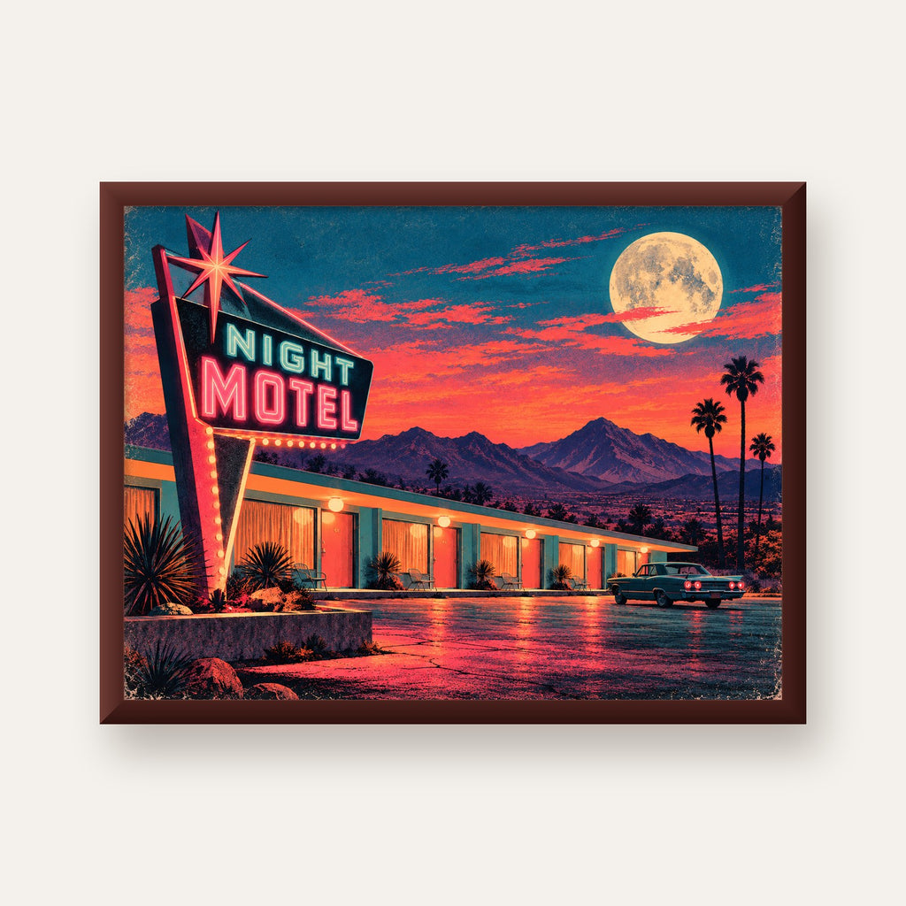 Night Motel Retro Neon Tabela Afişi — ceviz çerçeveli
