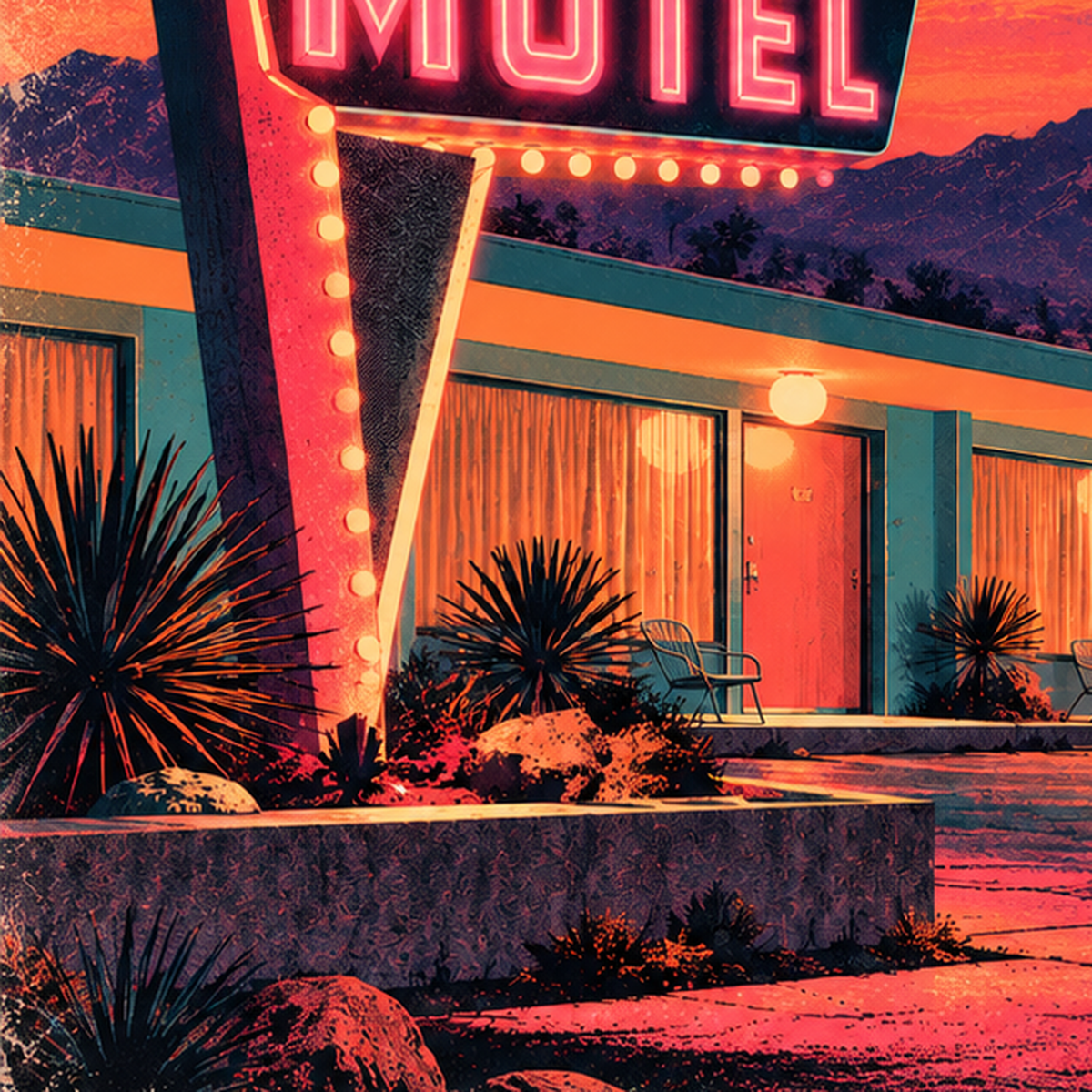 Retro Gece Motel Manzarası Neon Sanat Poster — baskının yakın çekimi, kâğıt dokusu ve renk detayı