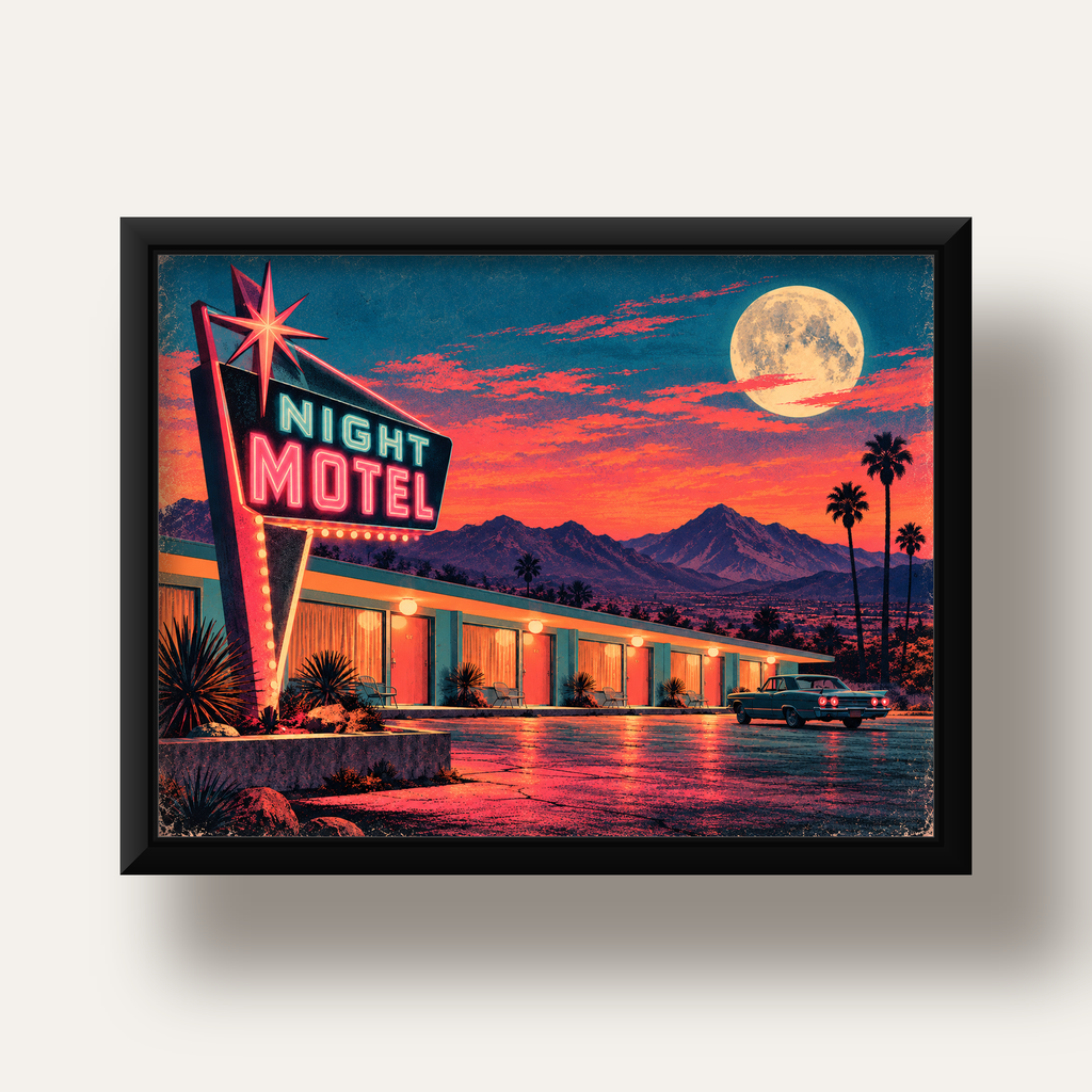 Night Motel Retro Neon Tabela Afişi — siyah derin çerçeveli