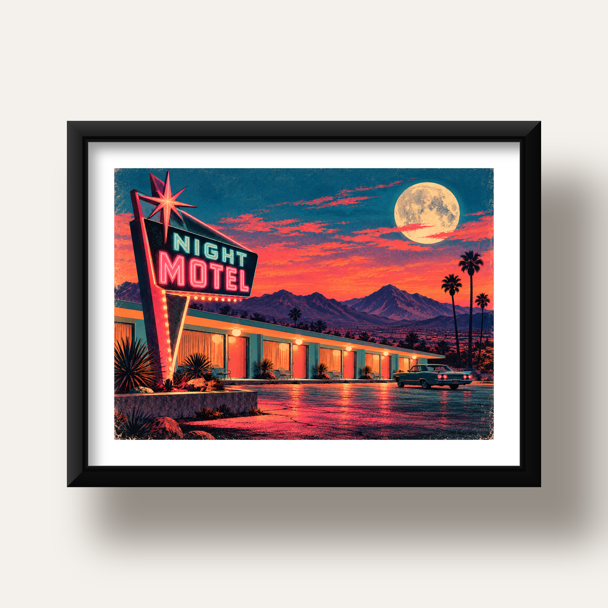 Night Motel Retro Neon Tabela Afişi — siyah derin çerçeveli paspartulu