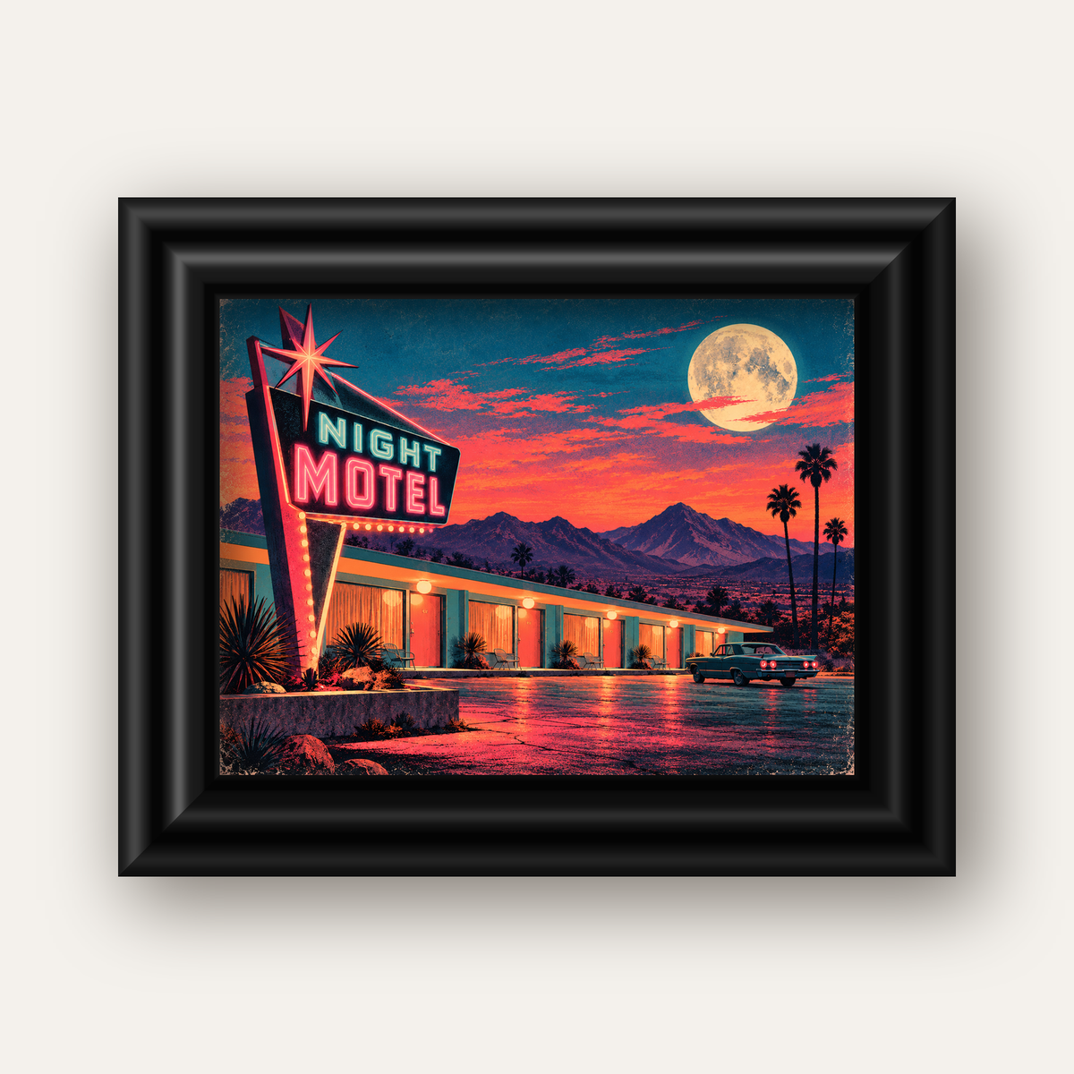 Night Motel Retro Neon Tabela Afişi — siyah galeri çerçeveli
