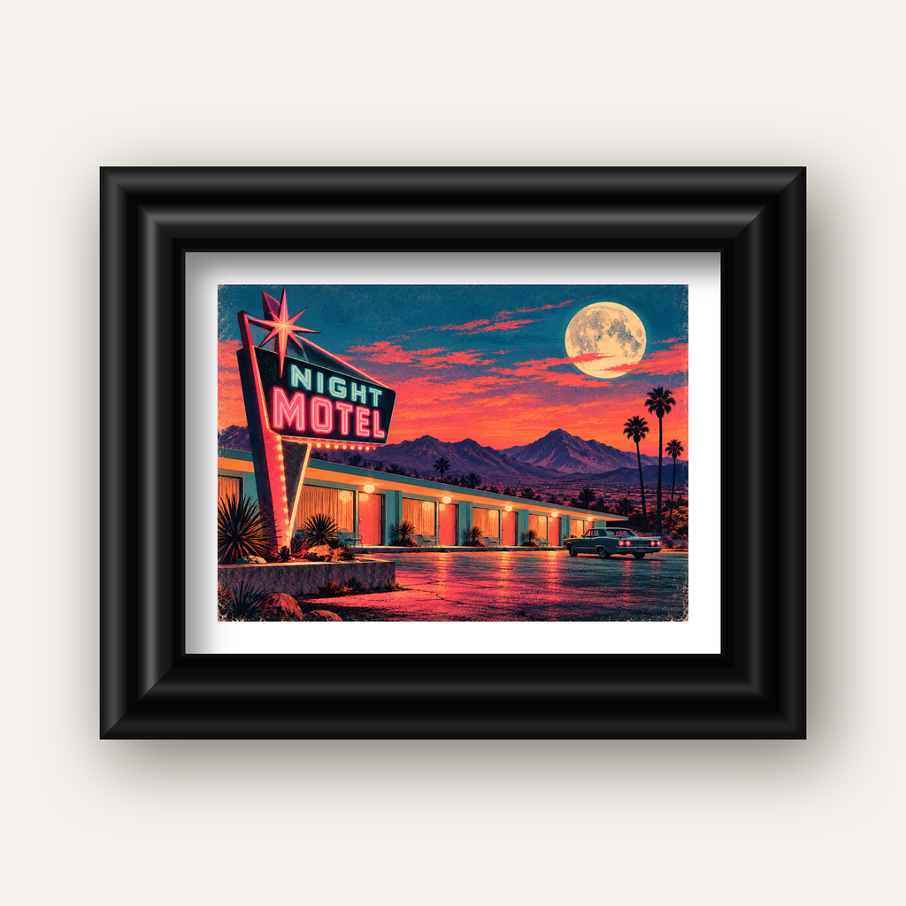 Night Motel Retro Neon Tabela Afişi — siyah galeri çerçeveli paspartulu