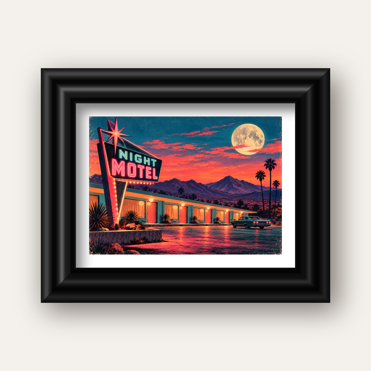 Night Motel Retro Neon Tabela Afişi — siyah galeri çerçeveli paspartulu