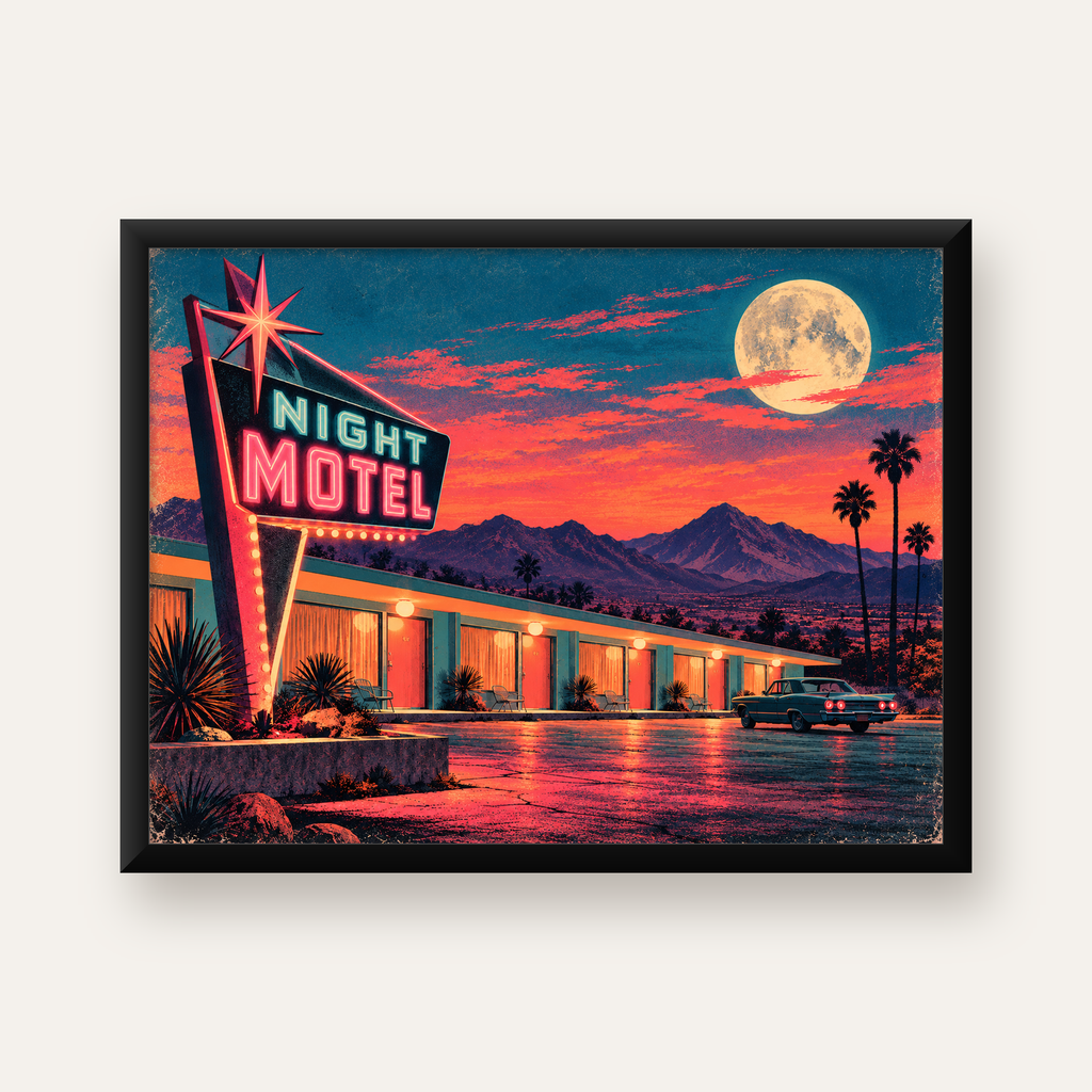 Retro Gece Motel Manzarası Neon Sanat Poster — Yatay baskı, düz siyah çerçeveli duvar posteri