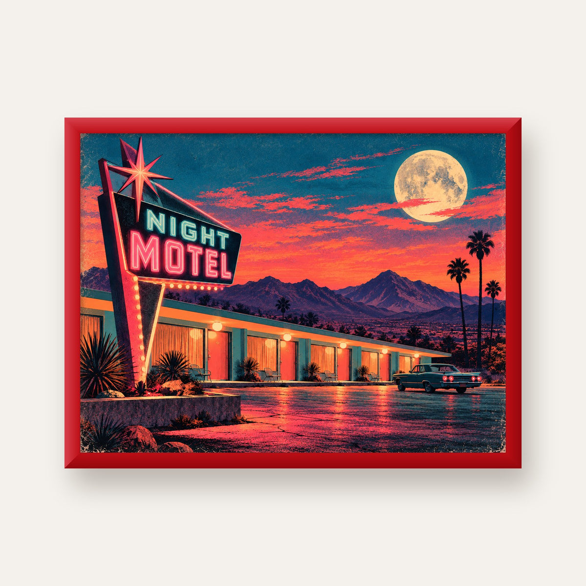Night Motel Retro Neon Tabela Afişi — kırmızı çerçeveli