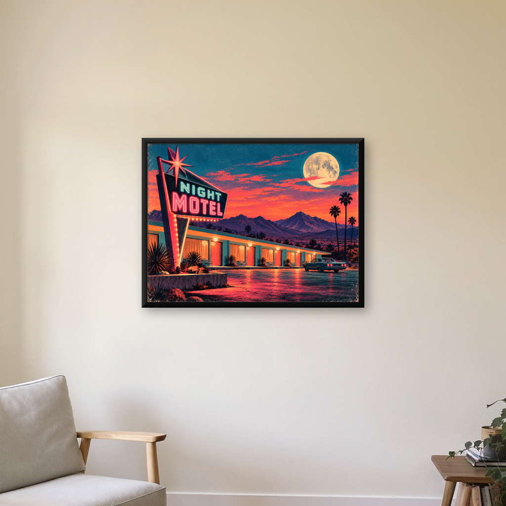 Retro Gece Motel Manzarası Neon Sanat Poster — Yatay baskı, çerçeveli hâliyle bir ev duvarında