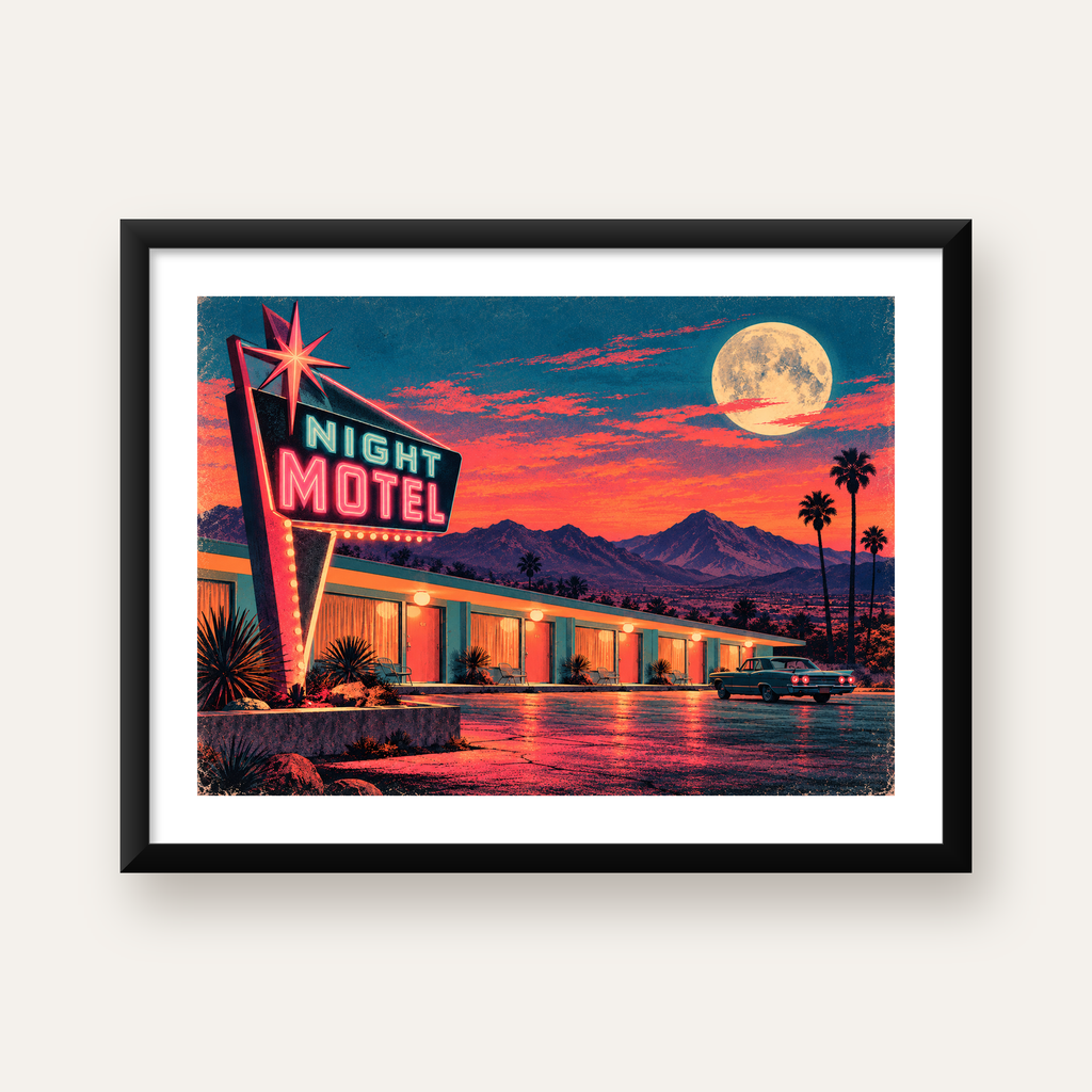 Retro Gece Motel Manzarası Neon Sanat Poster — Yatay baskı, beyaz kenar boşluklu