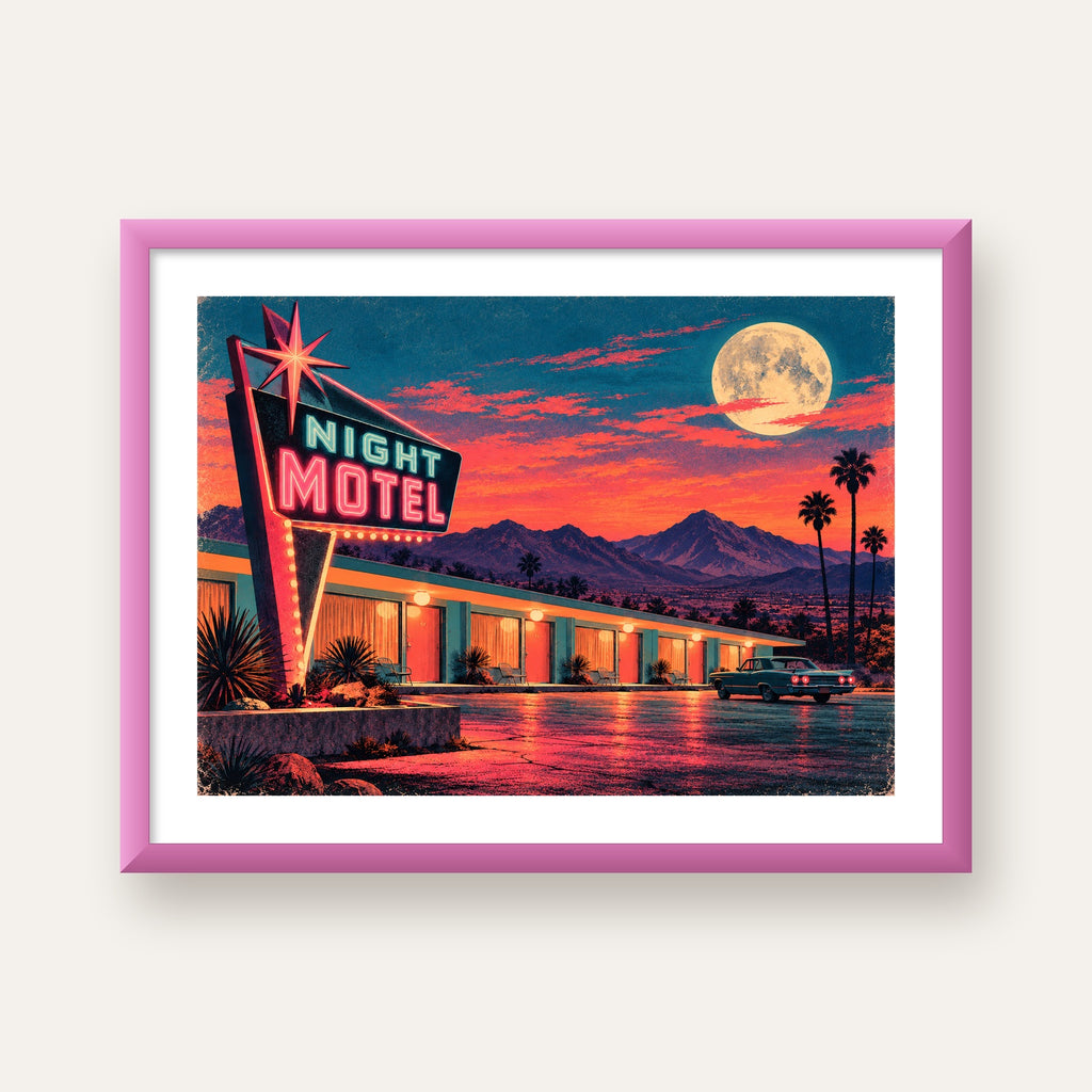 Night Motel Retro Neon Tabela Afişi — pembe çerçeveli paspartulu