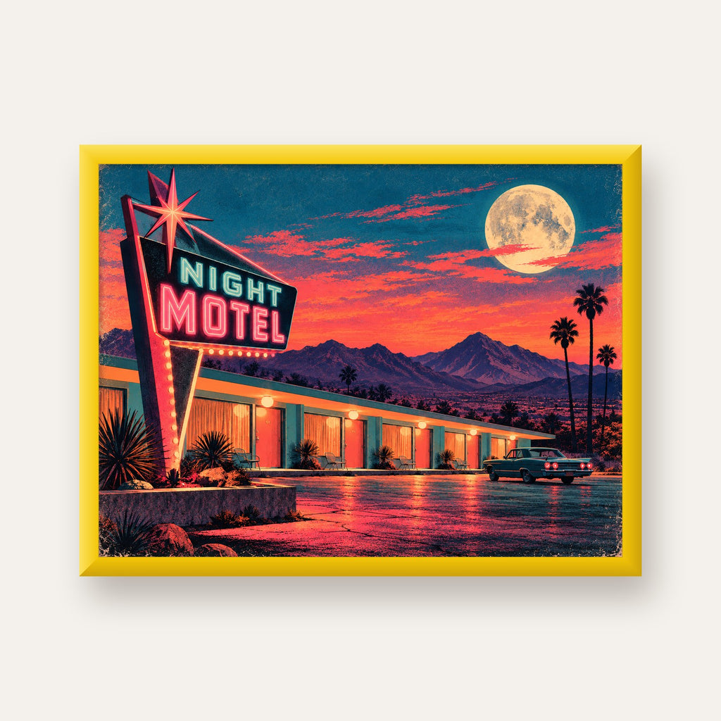 Night Motel Retro Neon Tabela Afişi — sarı çerçeveli