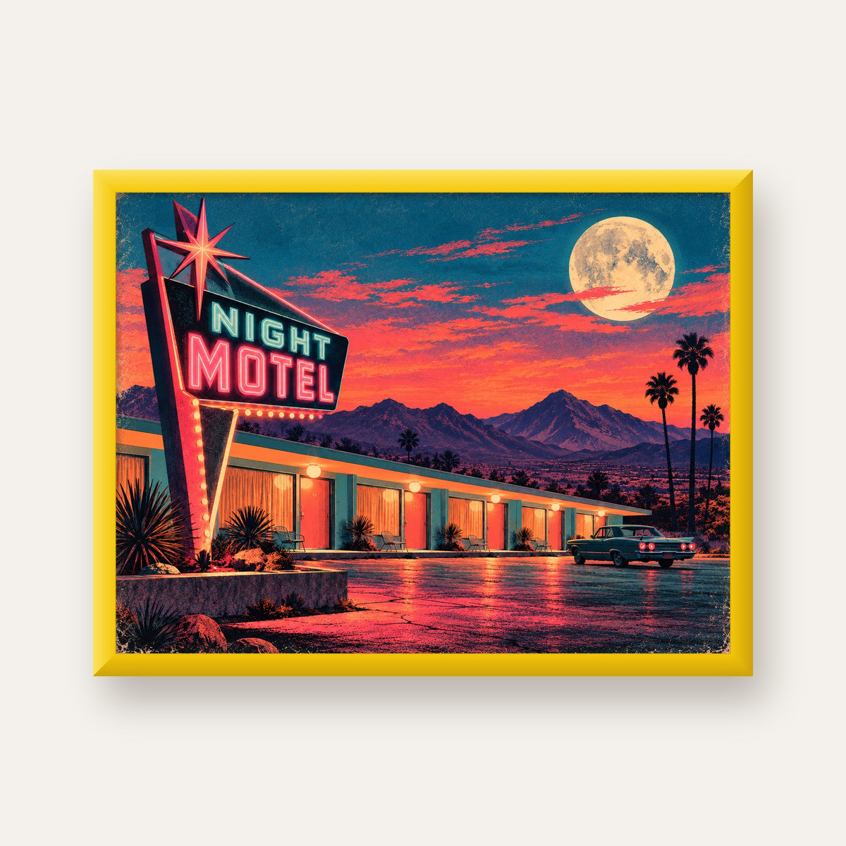 Night Motel Retro Neon Tabela Afişi — sarı çerçeveli