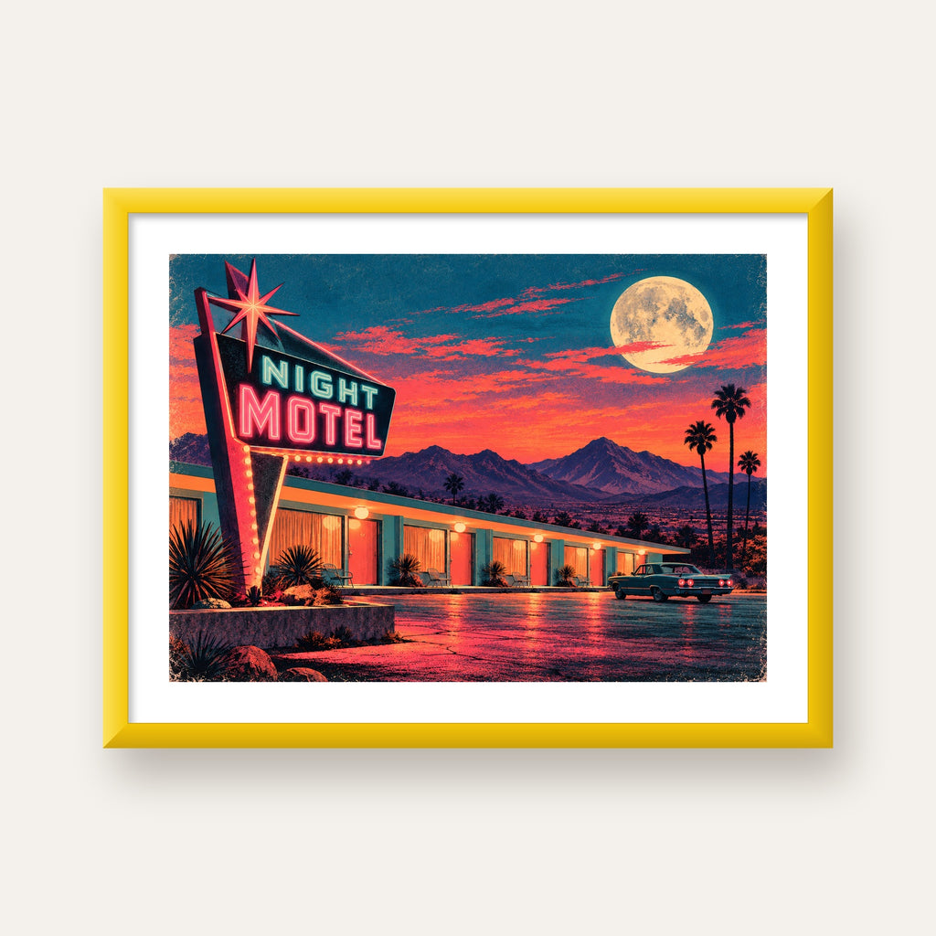Night Motel Retro Neon Tabela Afişi — sarı çerçeveli paspartulu