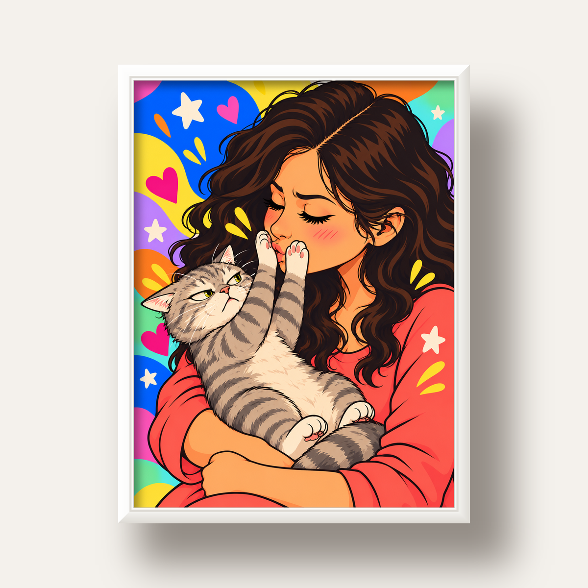 No Kisses, Please Kedi ve Kadın Renkli Pop Art Poster — beyaz derin çerçeveli