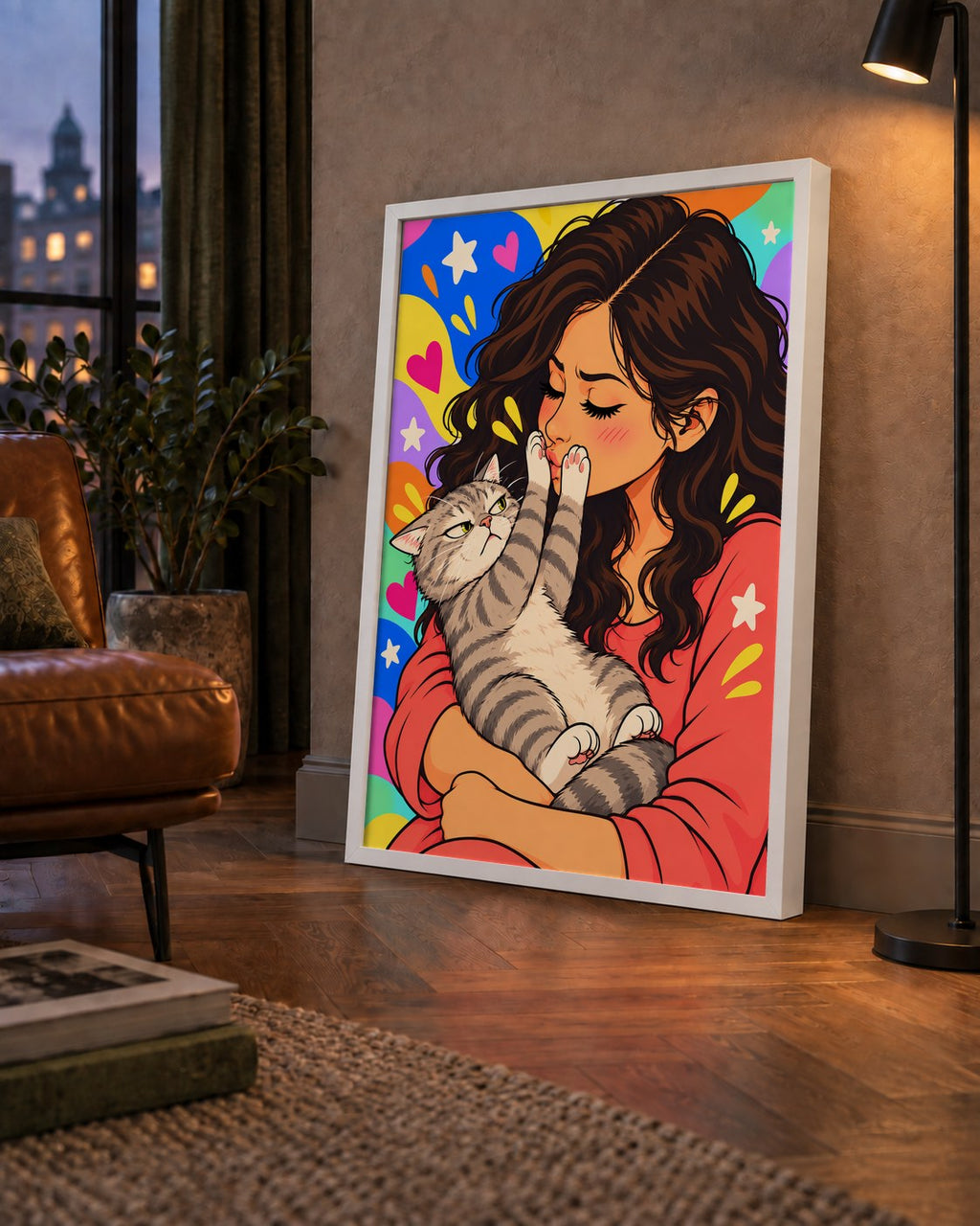 No Kisses, Please Kedi ve Kadın Renkli Pop Art Poster — çerçeveli hâliyle bir ev duvarında