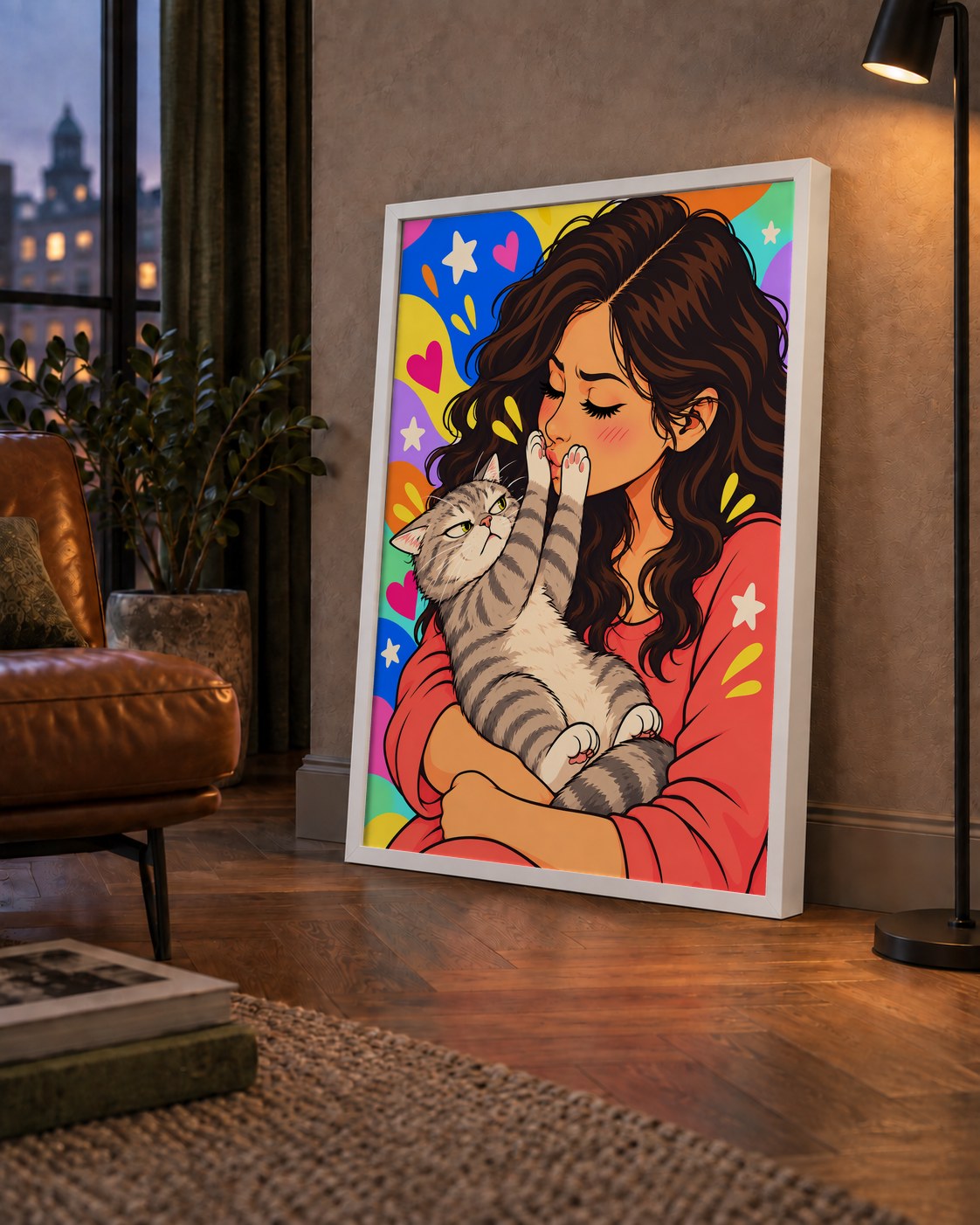 No Kisses, Please Kedi ve Kadın Renkli Pop Art Poster — çerçeveli hâliyle bir ev duvarında