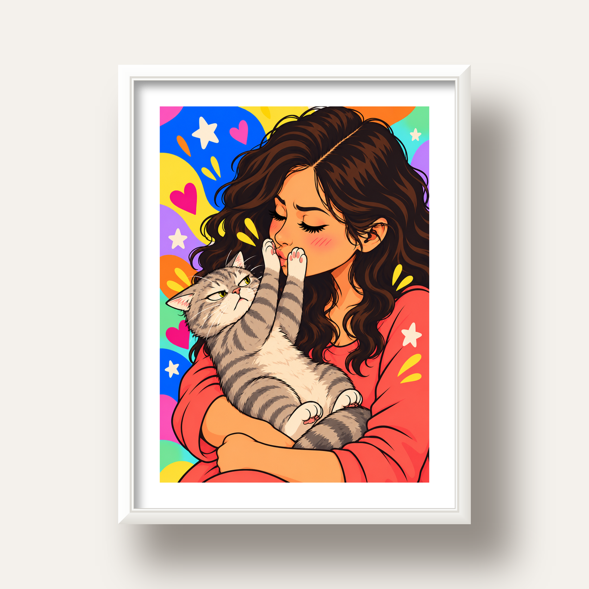 No Kisses, Please Kedi ve Kadın Renkli Pop Art Poster — beyaz derin çerçeveli paspartulu