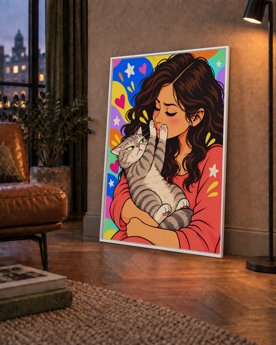 No Kisses, Please Kedi ve Kadın Renkli Pop Art Poster — çerçeveli hâliyle bir ev duvarında
