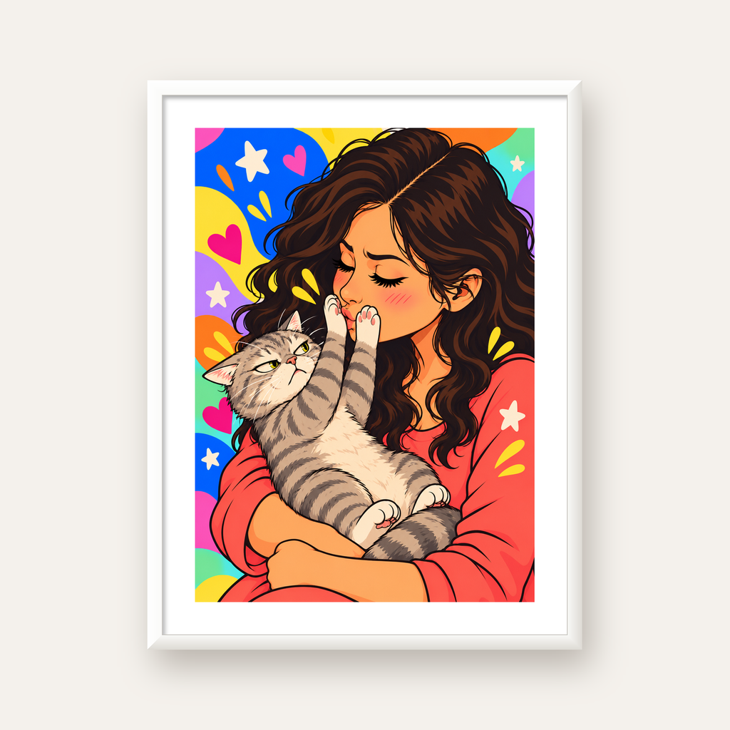 No Kisses, Please Kedi ve Kadın Renkli Pop Art Poster — beyaz çerçeveli dikey poster