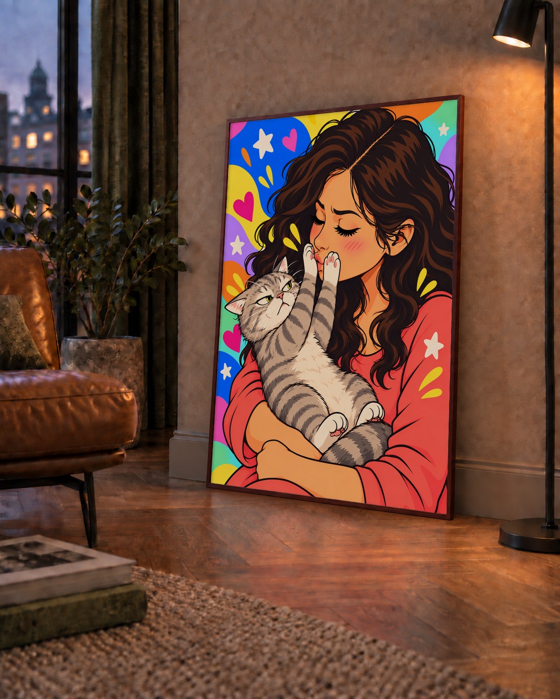 No Kisses, Please Kedi ve Kadın Renkli Pop Art Poster — çerçeveli hâliyle bir ev duvarında