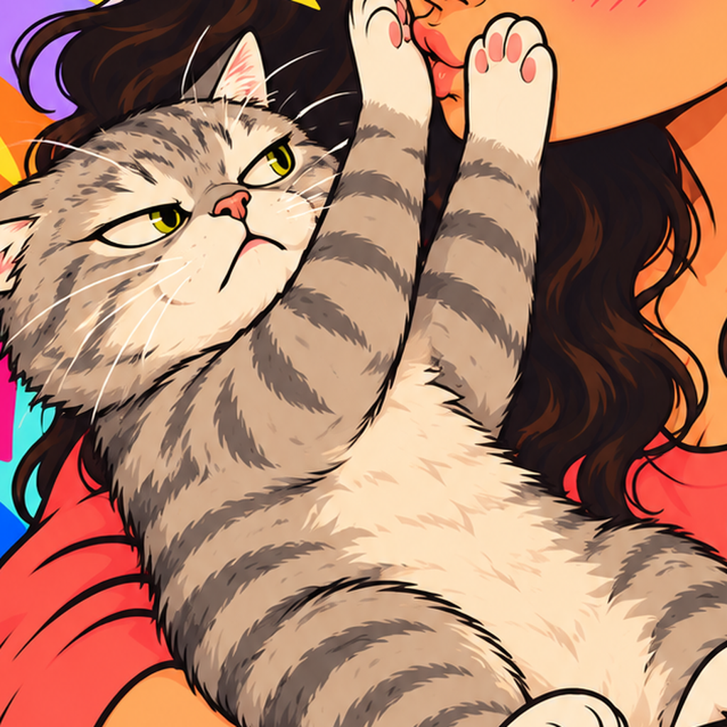 Kedi ve Genç Kadın Renkli Poster – Enerjik İllüstrasyon — baskının yakın çekimi, kâğıt dokusu ve renk detayı