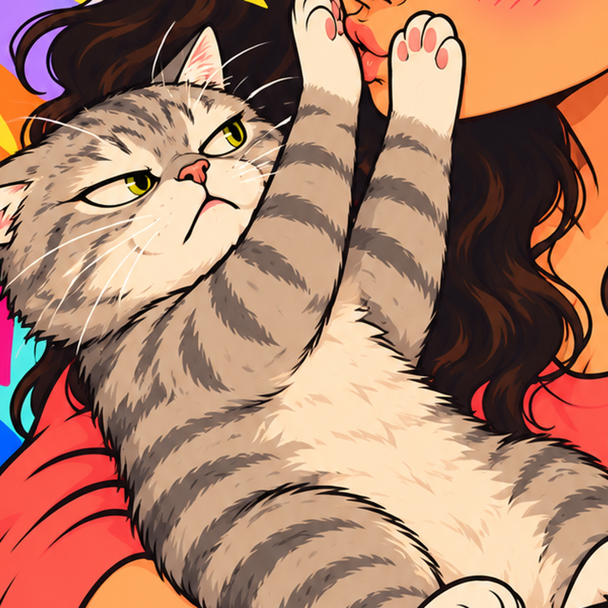 Kedi ve Genç Kadın Renkli Poster – Enerjik İllüstrasyon — baskının yakın çekimi, kâğıt dokusu ve renk detayı