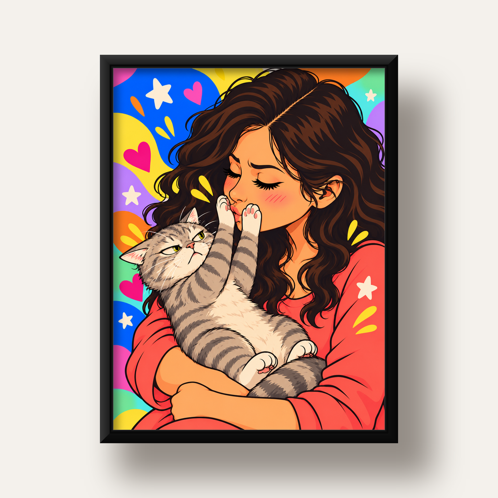 No Kisses, Please Kedi ve Kadın Renkli Pop Art Poster — siyah derin çerçeveli
