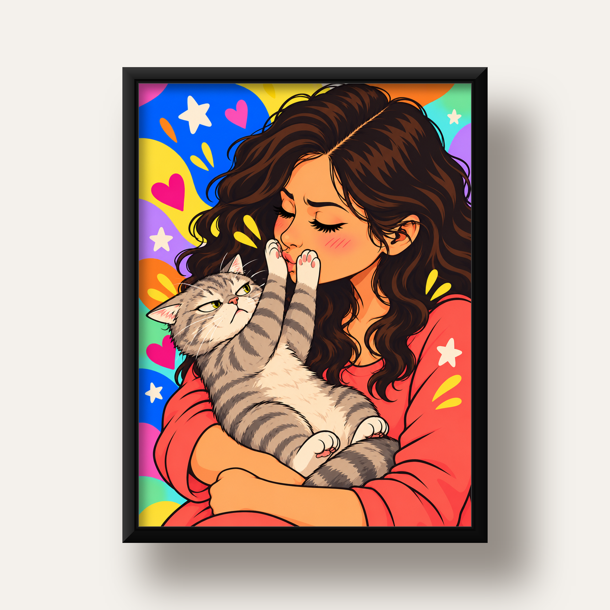 No Kisses, Please Kedi ve Kadın Renkli Pop Art Poster — siyah derin çerçeveli