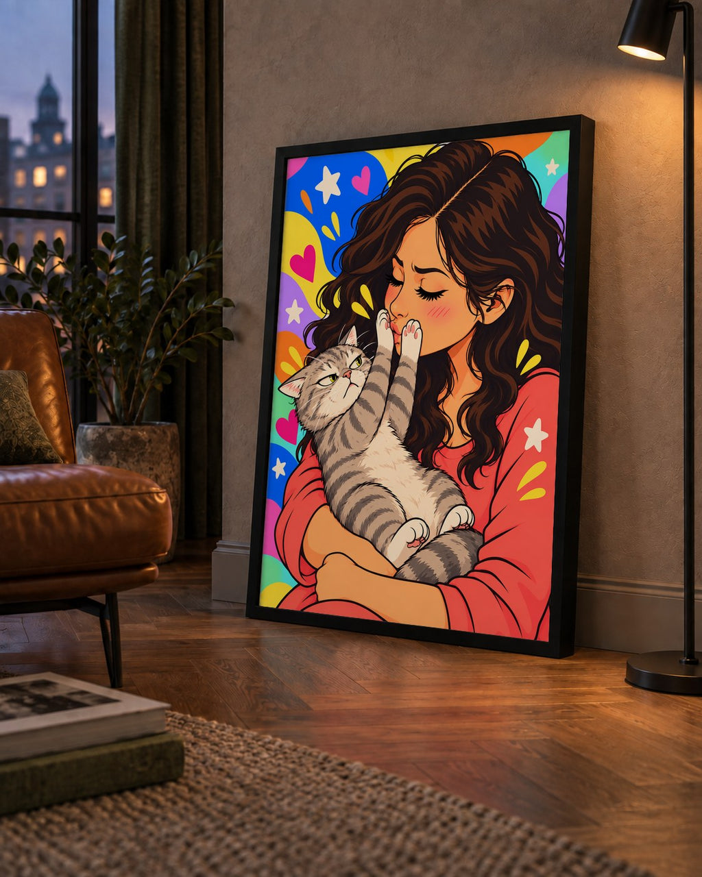 No Kisses, Please Kedi ve Kadın Renkli Pop Art Poster — çerçeveli hâliyle bir ev duvarında