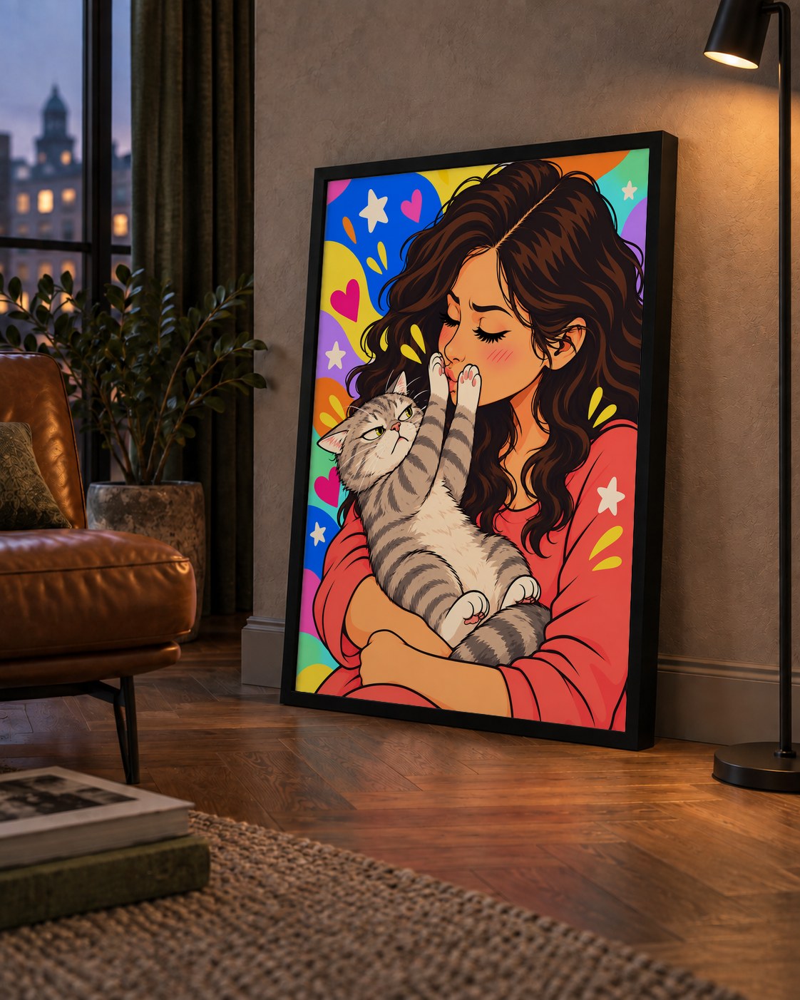 No Kisses, Please Kedi ve Kadın Renkli Pop Art Poster — çerçeveli hâliyle bir ev duvarında