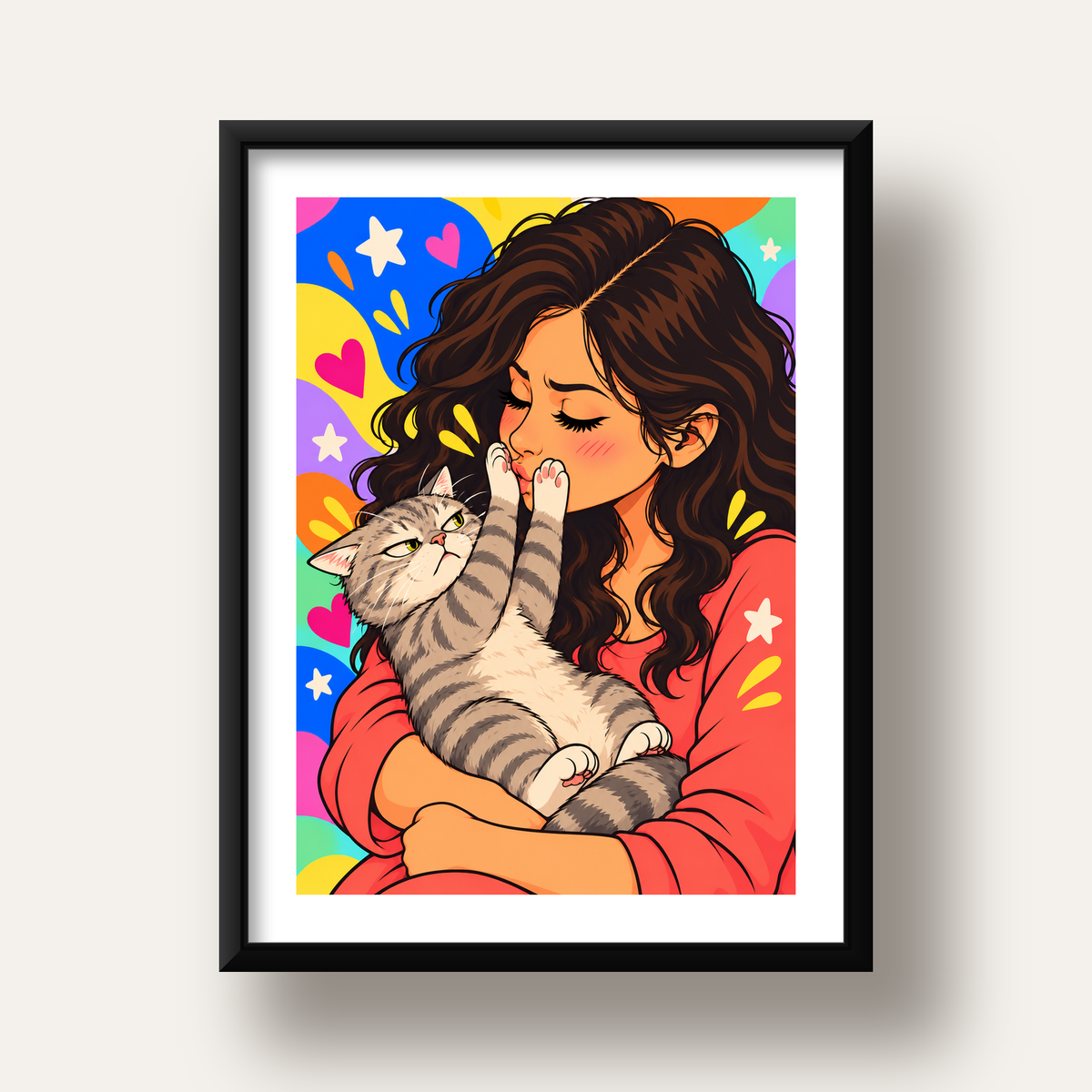 No Kisses, Please Kedi ve Kadın Renkli Pop Art Poster — siyah derin çerçeveli paspartulu