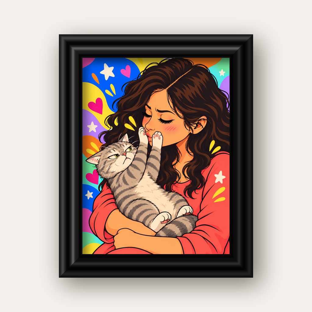 No Kisses, Please Kedi ve Kadın Renkli Pop Art Poster — siyah galeri çerçeveli