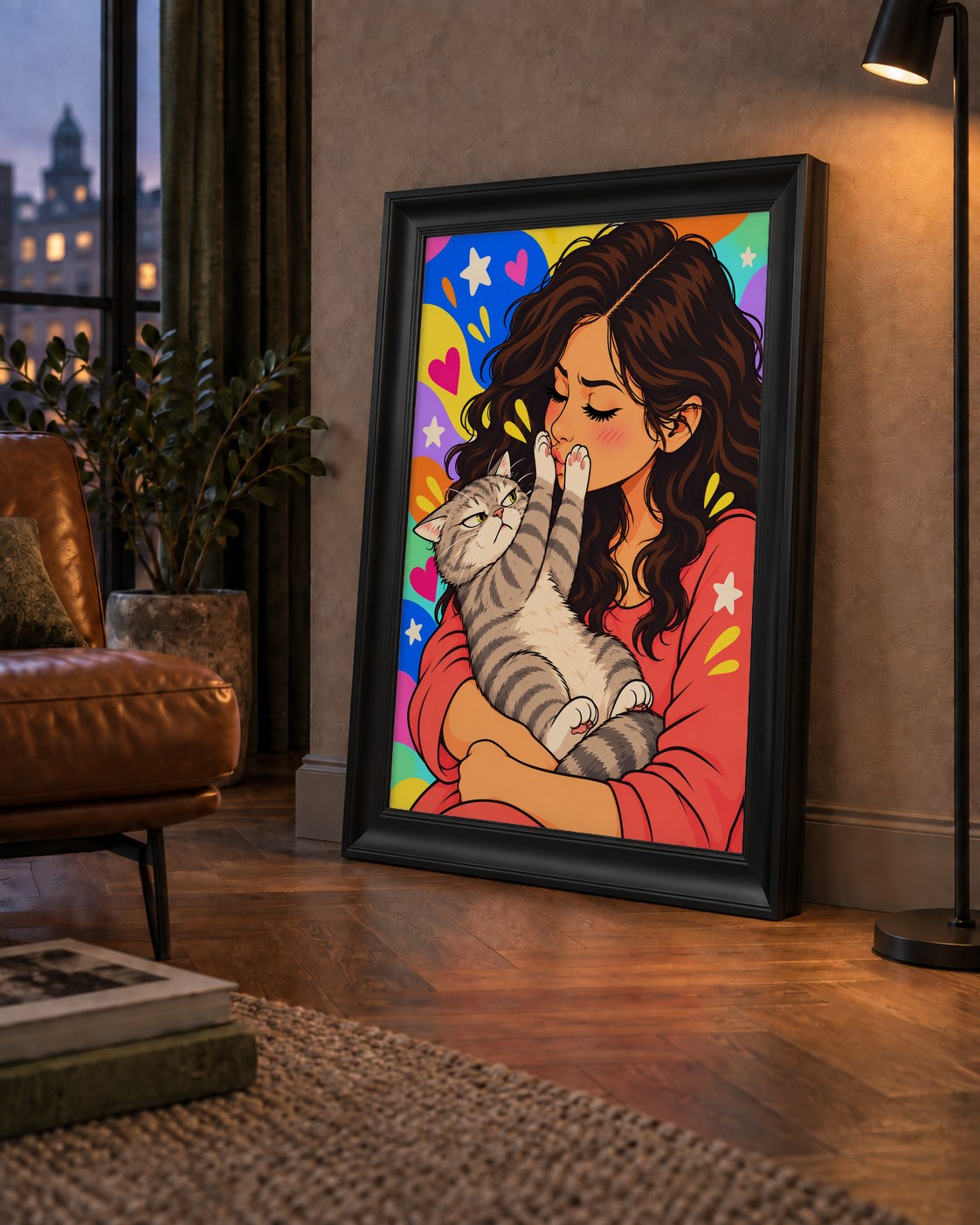 No Kisses, Please Kedi ve Kadın Renkli Pop Art Poster — çerçeveli hâliyle bir ev duvarında