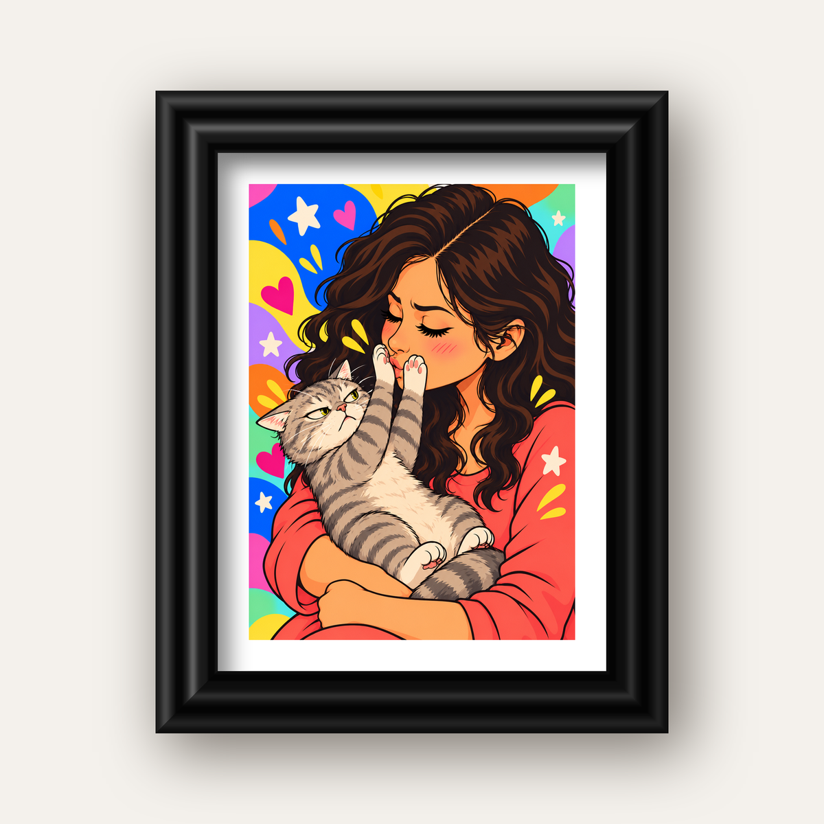 No Kisses, Please Kedi ve Kadın Renkli Pop Art Poster — siyah galeri çerçeveli paspartulu