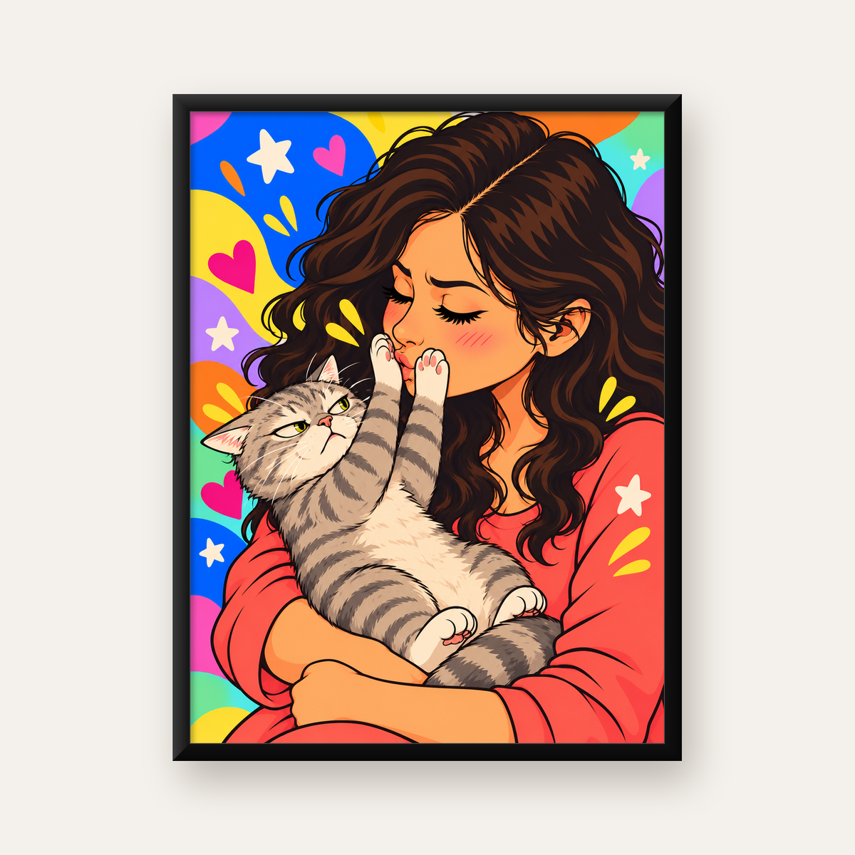Kedi ve Genç Kadın Renkli Poster – Enerjik İllüstrasyon — Dikey baskı, düz siyah çerçeveli duvar posteri
