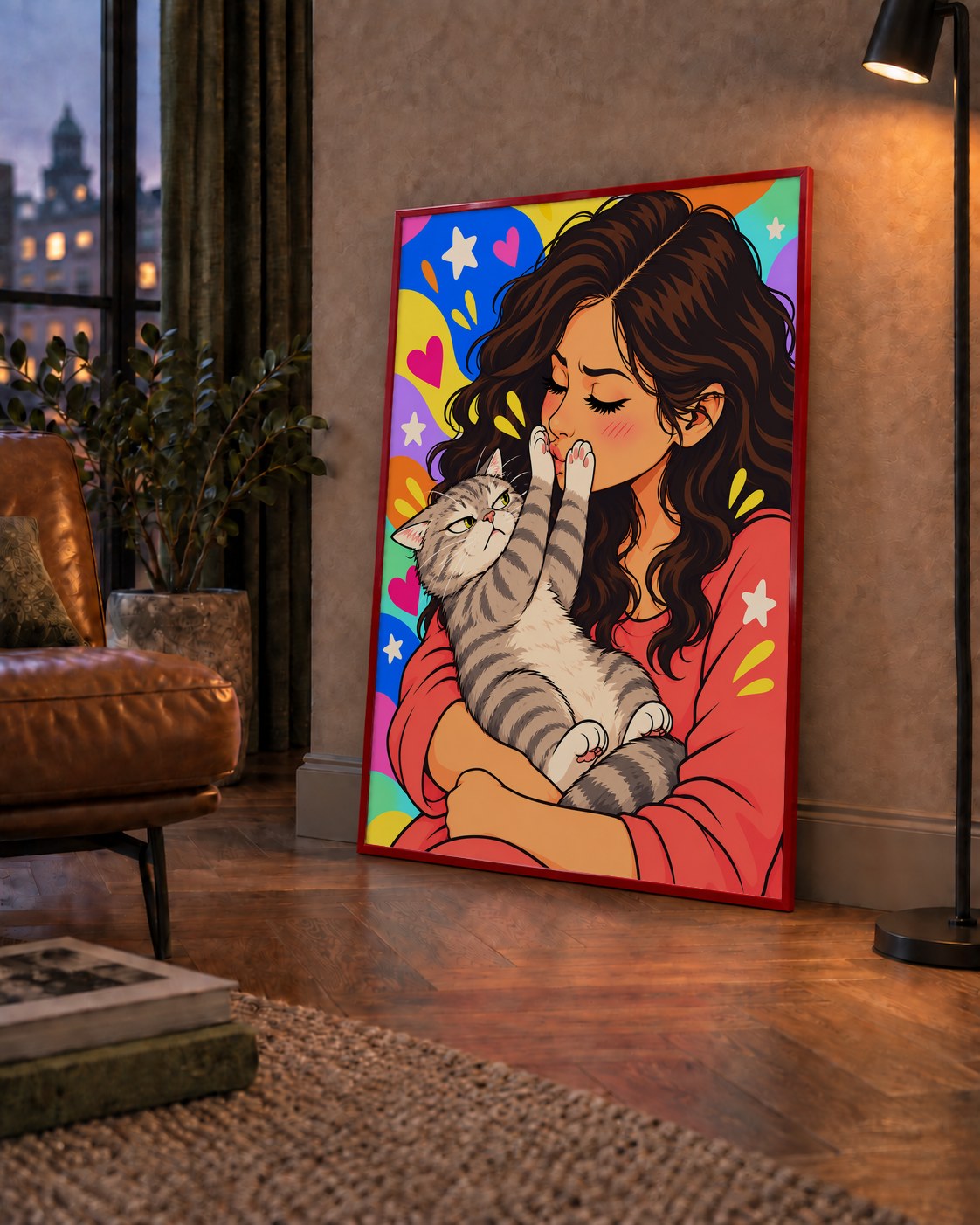 No Kisses, Please Kedi ve Kadın Renkli Pop Art Poster — çerçeveli hâliyle bir ev duvarında