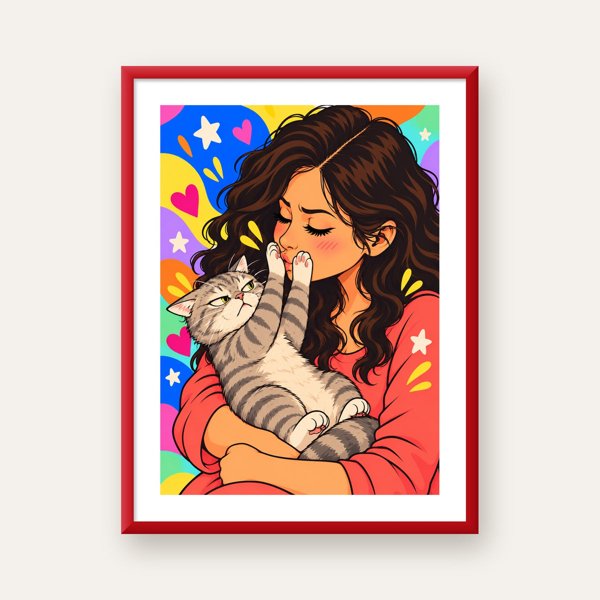 No Kisses, Please Kedi ve Kadın Renkli Pop Art Poster — kırmızı çerçeveli paspartulu