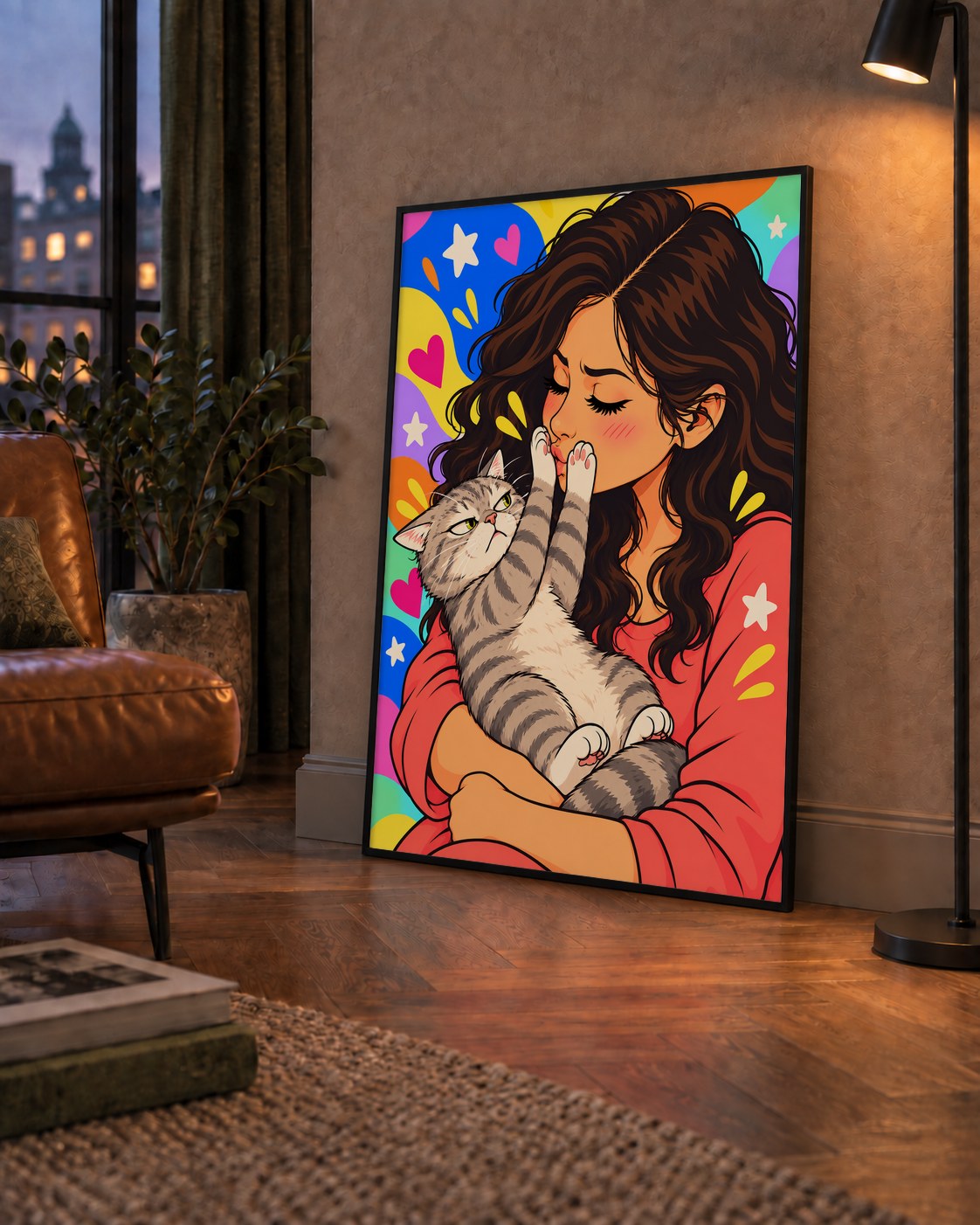 No Kisses, Please Kedi ve Kadın Renkli Pop Art Poster — çerçeveli hâliyle bir ev duvarında