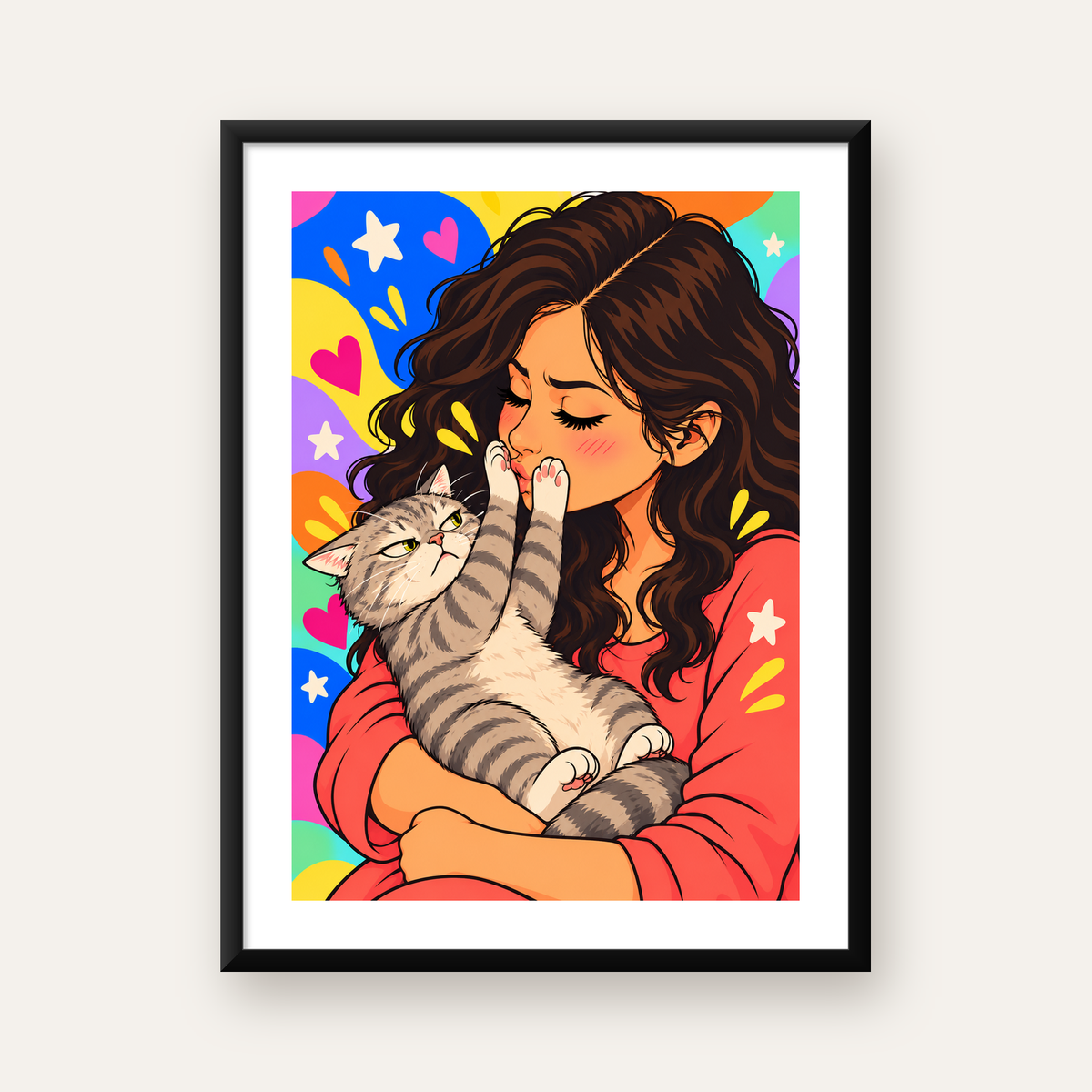 Kedi ve Genç Kadın Renkli Poster – Enerjik İllüstrasyon — Dikey baskı, beyaz kenar boşluklu