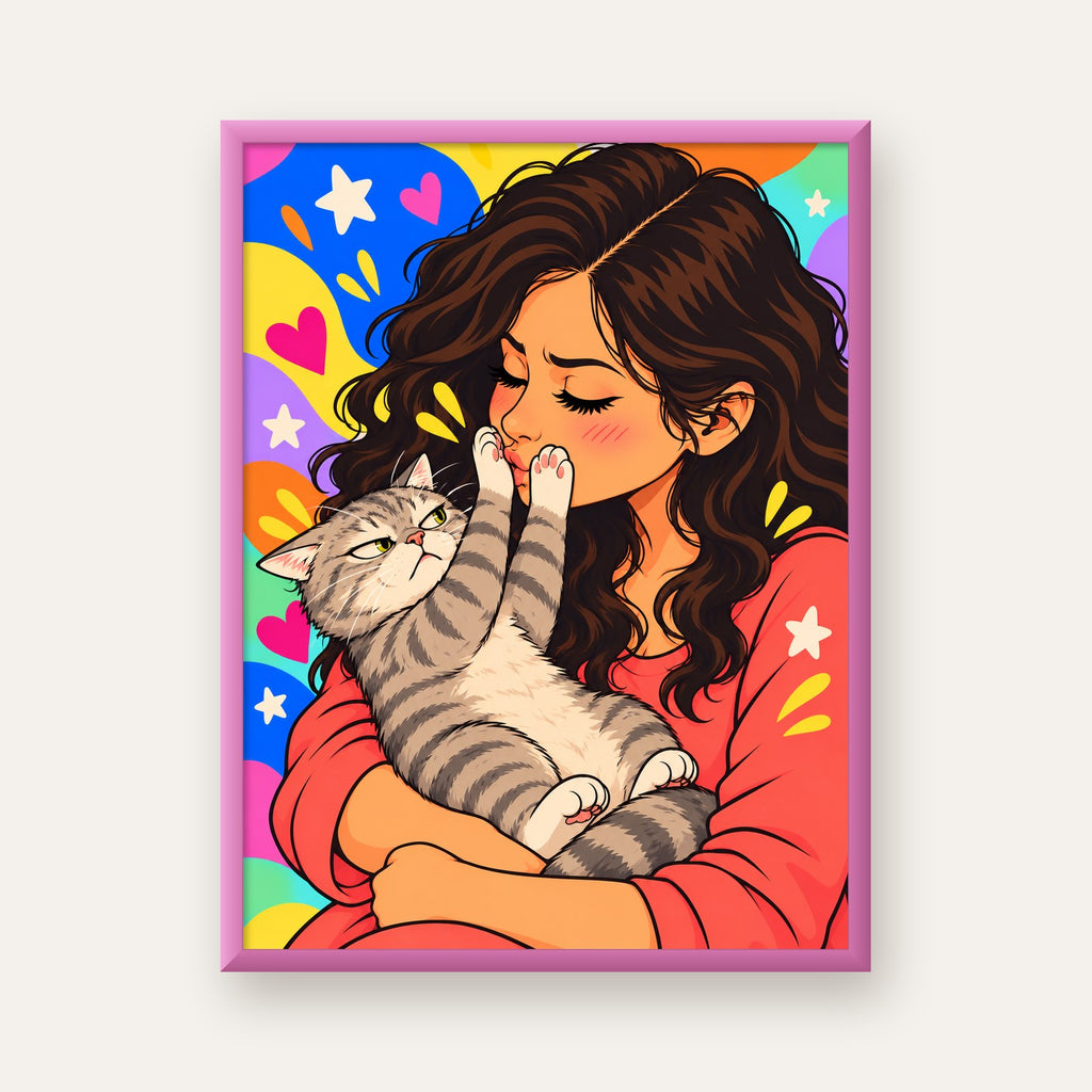 No Kisses, Please Kedi ve Kadın Renkli Pop Art Poster — pembe çerçeveli