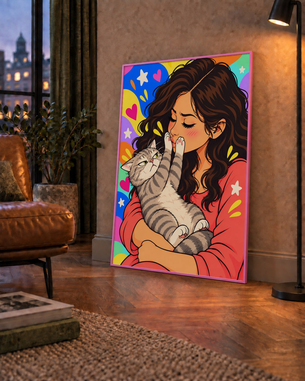 No Kisses, Please Kedi ve Kadın Renkli Pop Art Poster — çerçeveli hâliyle bir ev duvarında