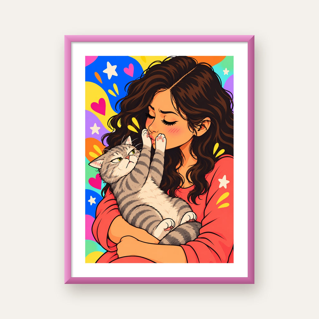No Kisses, Please Kedi ve Kadın Renkli Pop Art Poster — pembe çerçeveli paspartulu
