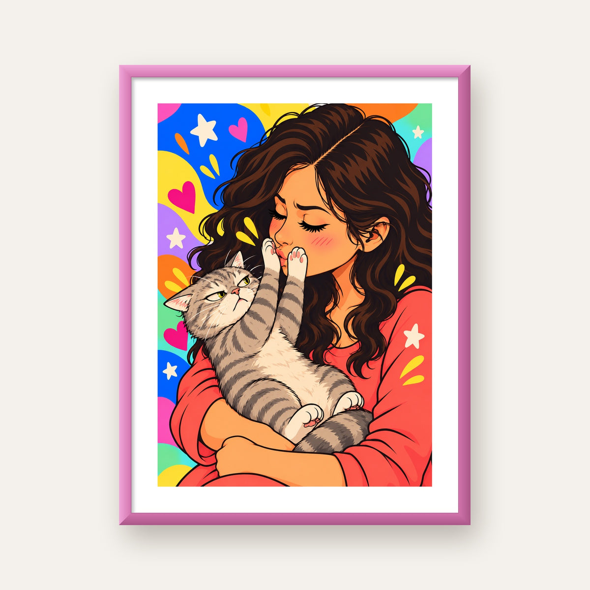No Kisses, Please Kedi ve Kadın Renkli Pop Art Poster — pembe çerçeveli paspartulu