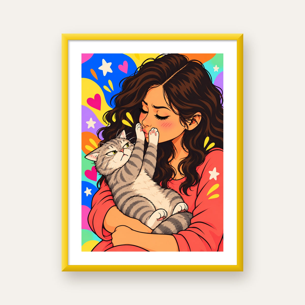 No Kisses, Please Kedi ve Kadın Renkli Pop Art Poster — sarı çerçeveli paspartulu