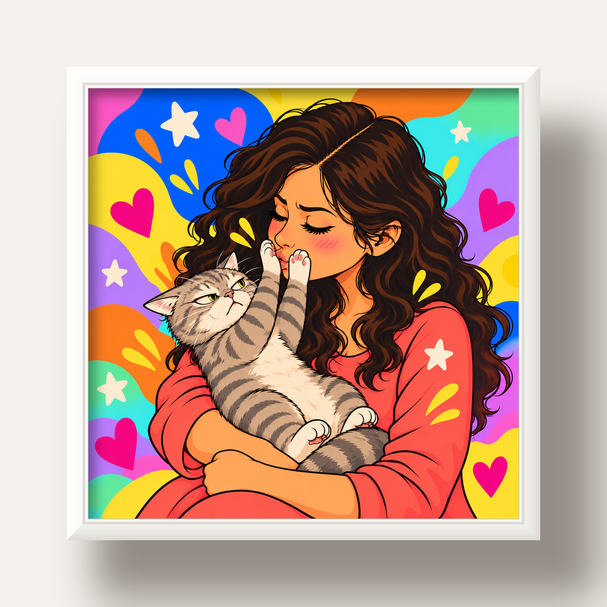No Kisses, Please Kedi ve Kadın Renkli Pop Art Poster — beyaz derin çerçeveli