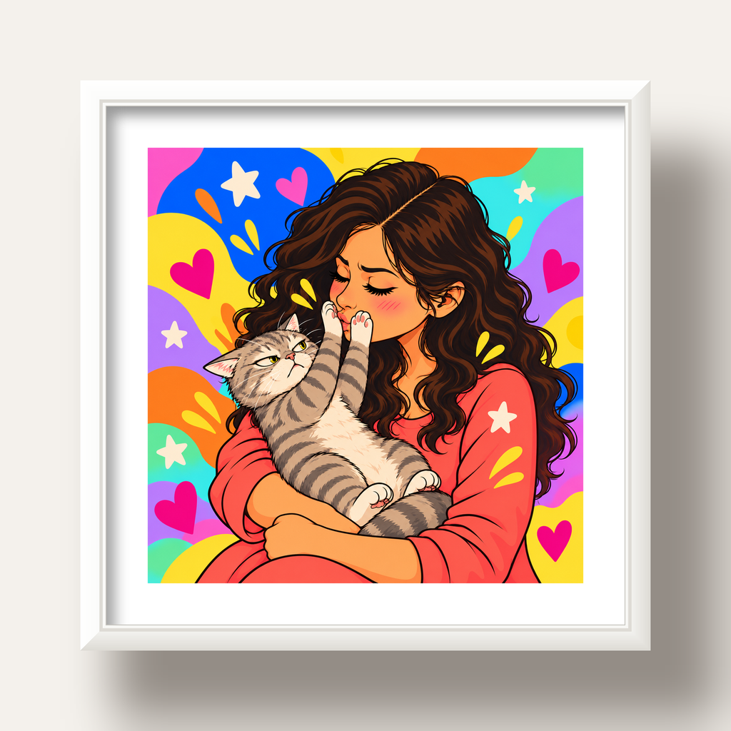 No Kisses, Please Kedi ve Kadın Renkli Pop Art Poster — beyaz derin çerçeveli paspartulu