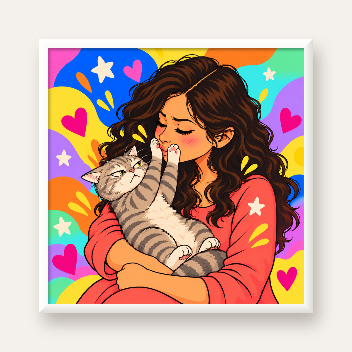 No Kisses, Please Kedi ve Kadın Renkli Pop Art Poster — beyaz çerçeveli kare poster