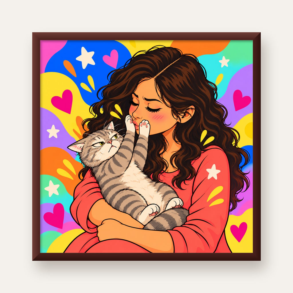 No Kisses, Please Kedi ve Kadın Renkli Pop Art Poster — ceviz çerçeveli